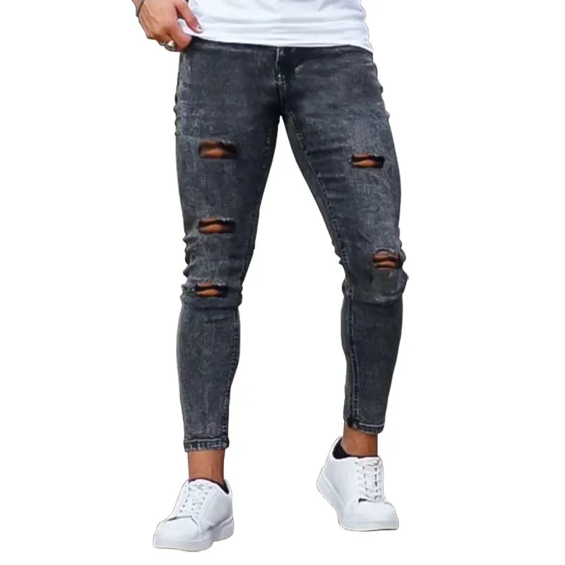Men's Dropship Custom Label Logo High Quality Y2K Zipper Ripped Skinny Denim Jeans Pants for Men Streetwear Clothing
