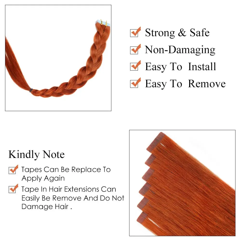 Veravicky cuivre rouge 50G ruban dans les Extensions de cheveux humains peau trame adhésif Invisible Machina Remy sans couture 100% vrais cheveux — image 6