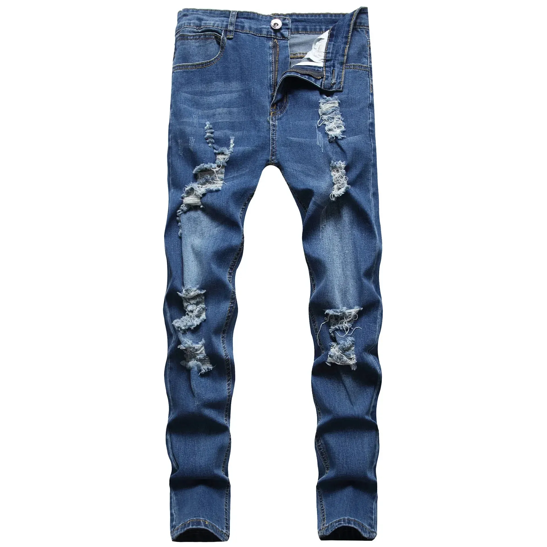 Jeans Men Hole Distressed Pencil Pants Slim Fit Vintage Zipper Fly Pockets Solid Colour Washed Denims Ankle Length Trousers — image 4