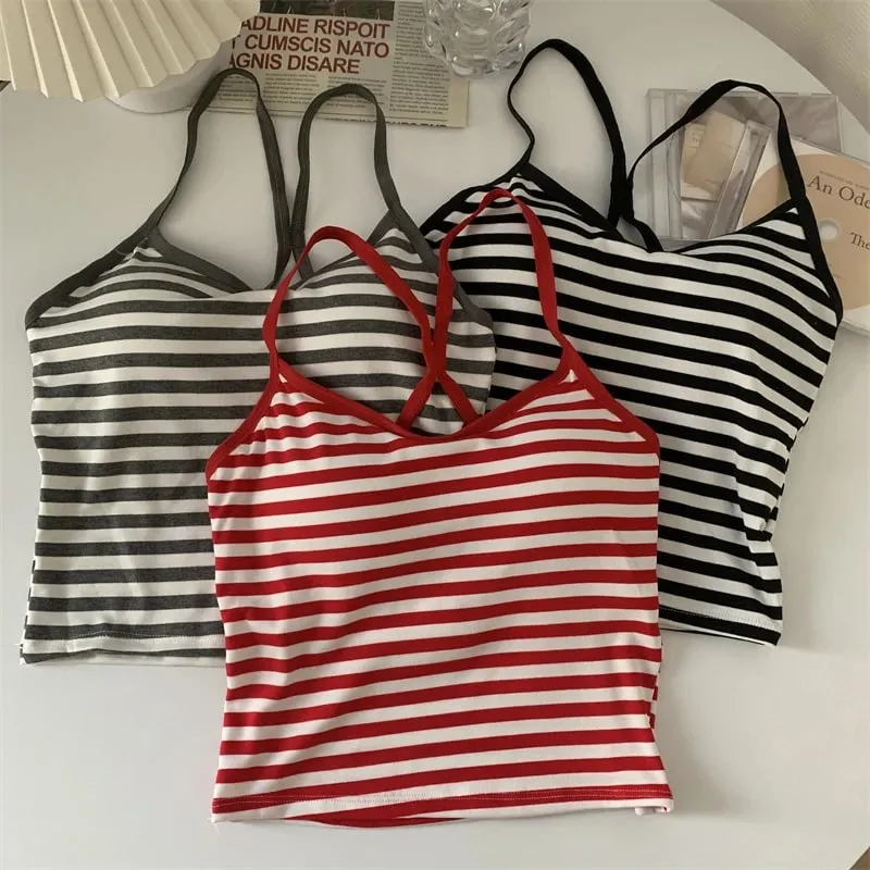 Korea Style Colorblock Striped Camisole Female Summer Cross Strap Built In Bra Omighty Camis Women Skinny Tank Top Dropshipping — image 8