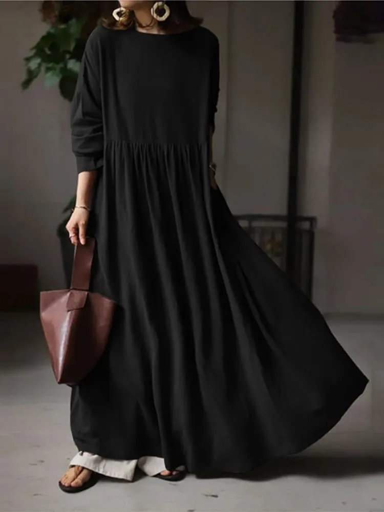 Autumn Women Sundress ZANZEA 2023 Vintage Solid Dresses Female Cotton Robe Casual Long Sleeve Pleated Maxi Vestidos Kaftan — image 3
