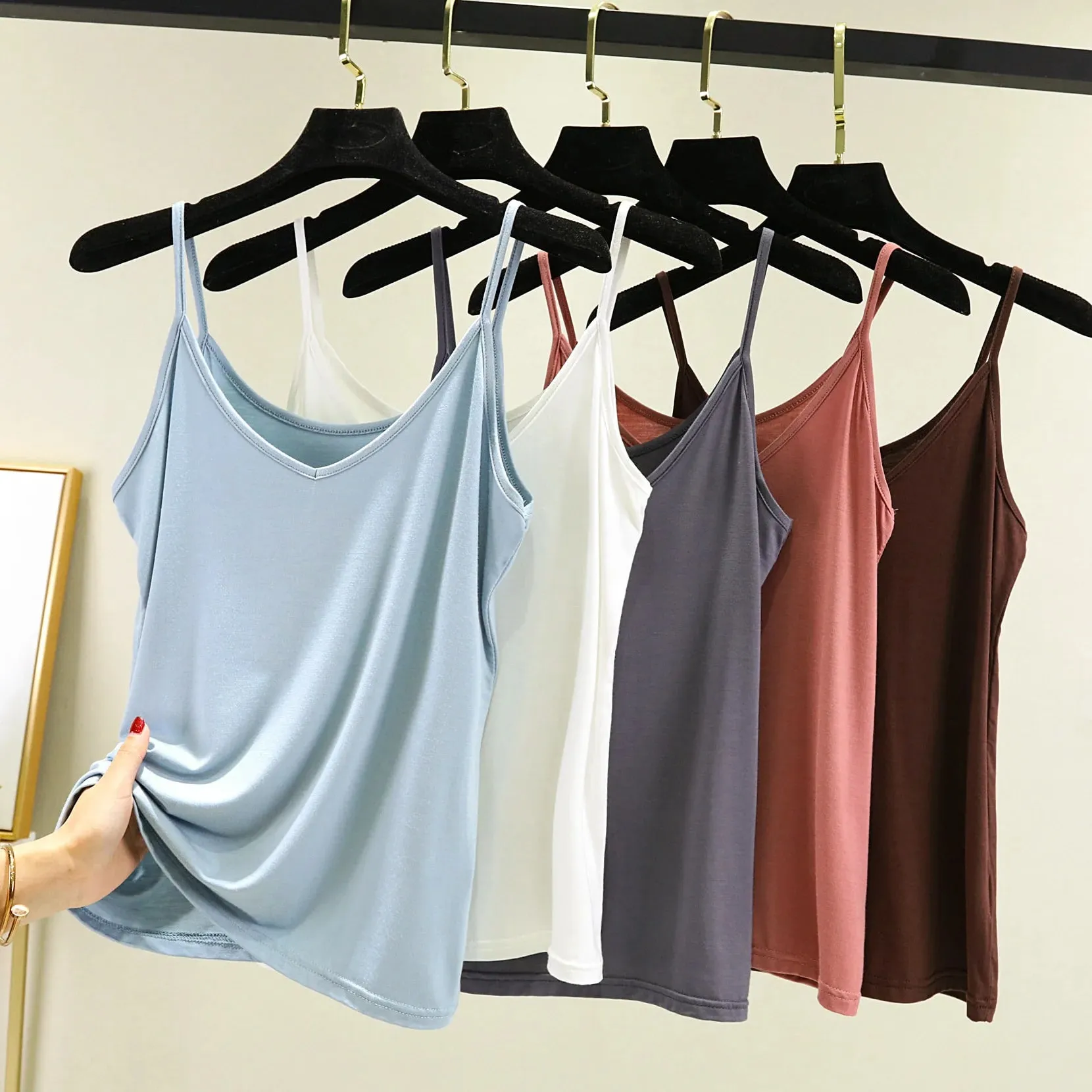 Spaghetti Strap tops Women Halter V Neck Camis Tank Solid color basic sleeveless Camisole Top — image 3