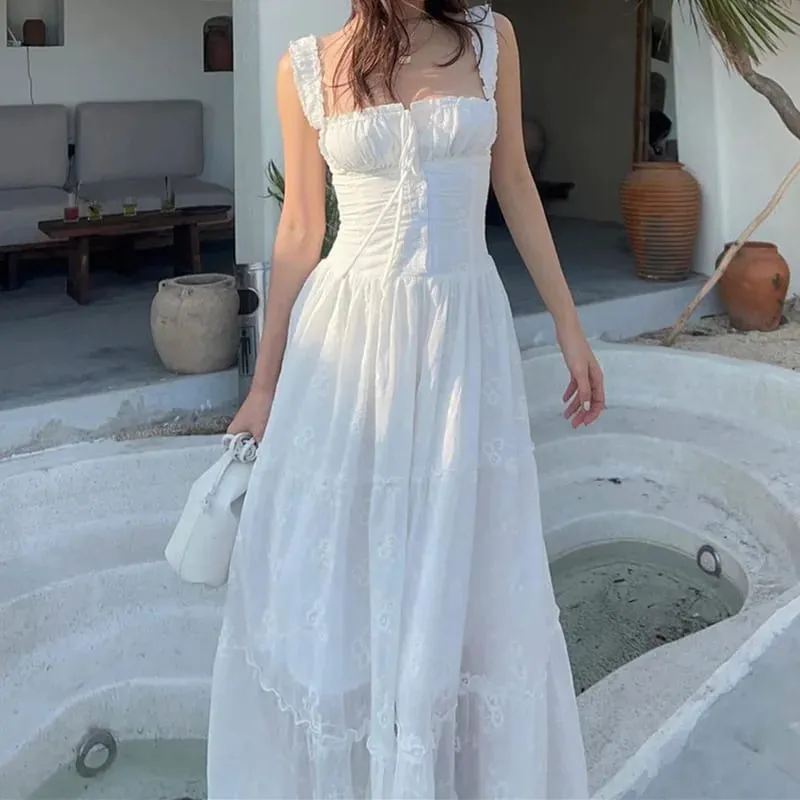 Y2K Simple Elegant Square-neck White Maxi Dress Summer Slim Lace Up Sleeveless Dreses French Party Beachwear Casual Vestidos — image 4