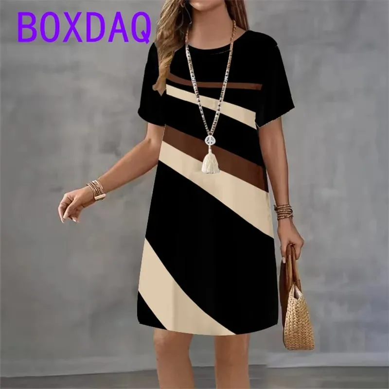 2025 New Women's Dresses Graphic Print Elegant Beautiful Mini Dresses Female Summer Loose Short Sleeve O-Neck Print A-Line Dress