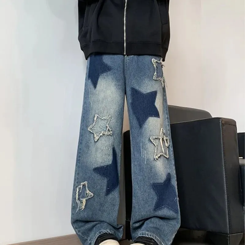 Jeans Men Straight Star Embroidery Patchwork Autumn Jeans Uomo Wide Leg Hip-hop Fashion Youth Neutral Streetwear Denim Trousers — image 2
