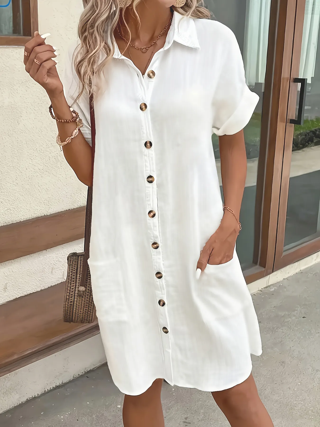 2026 European and American Cross Border Leisure Solid Color Cotton Hemp Buckle Long Short Sleeve Loose Shirt Dress Women's Wear — image 3