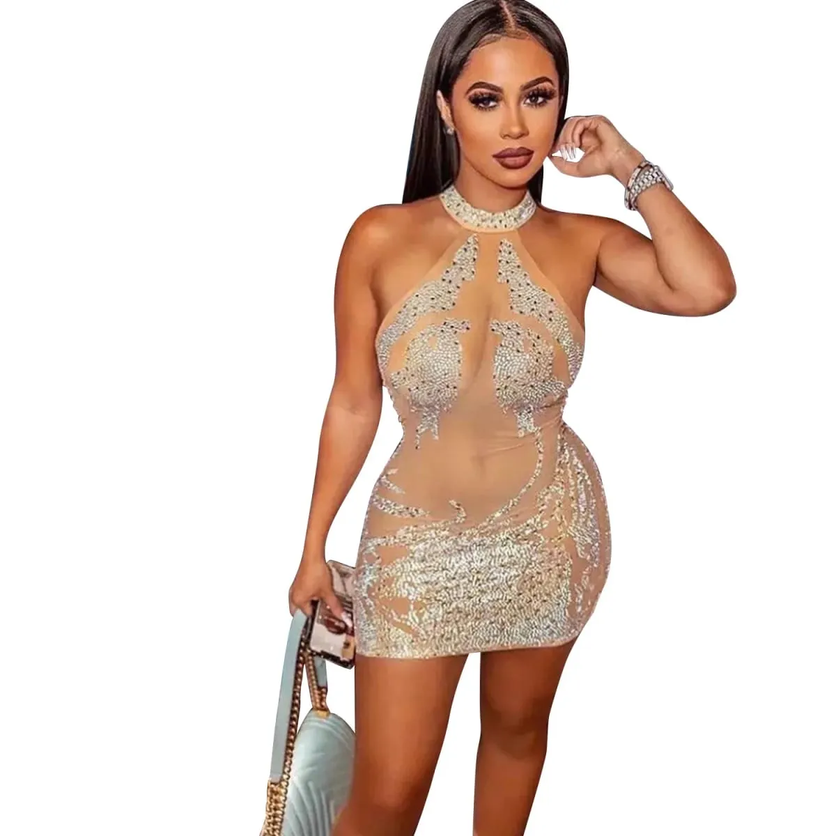Sexy Mesh Rhinestone Short Prom Evening Mini Dress See Through Outfits Luxury For Women Night Club Party Diamond Bodycon Dresses — image 3