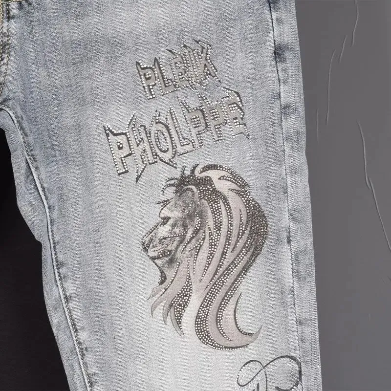New Slim Fit Casual Jeans with Heavy Duty Ironing Drills Prints Branded Korean Style Clothes for Men Streetwear Washed Jeans — image 3