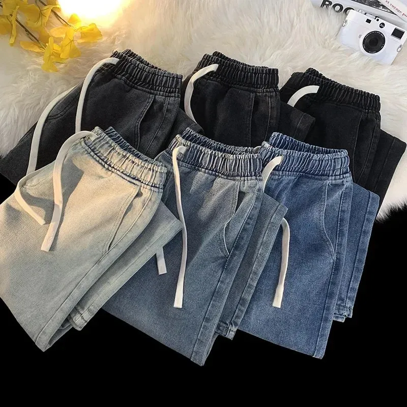 Casual Jeans Men's Baggy Straight Elastic Waist Drawstring Korea Fashion Male Vintage Denim Trousers Streetwear 3XL — image 2