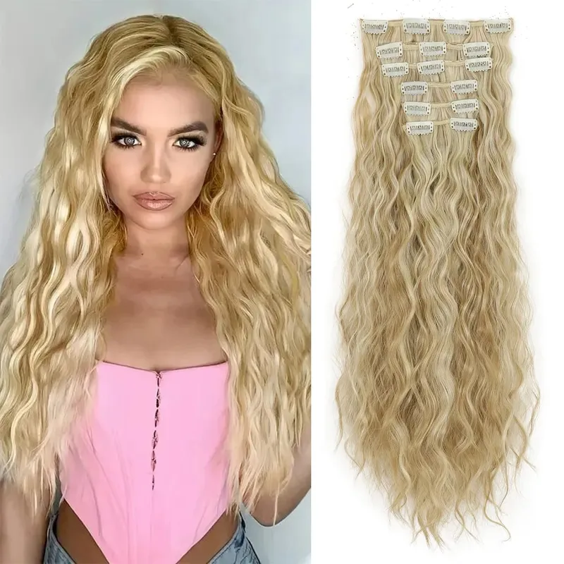 Synthetic Hair Extensions 16Clips In 6PCS Set Curly 22inch Long Clip On Hairpiece Corn Wavy Style For Women Girls Daily Party