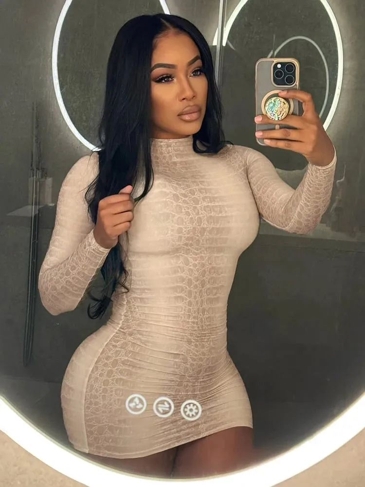 Garip Kedi Seksi Yılan Desen Elbise Kadın Kış Trendi Tam Kollu Seksi Sokak Gece Yarısı Etkinliği Streç Sıska Mini Bodycon — image 2
