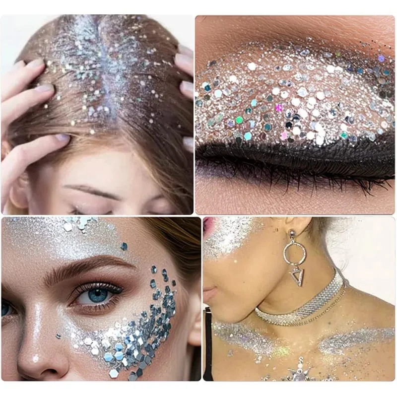 3Pcs Chunky Glitter Set With 3 Double-ended Eyeshadow Brushes For Festival Halloween Party Stage Photoshoot Face Body Makeup