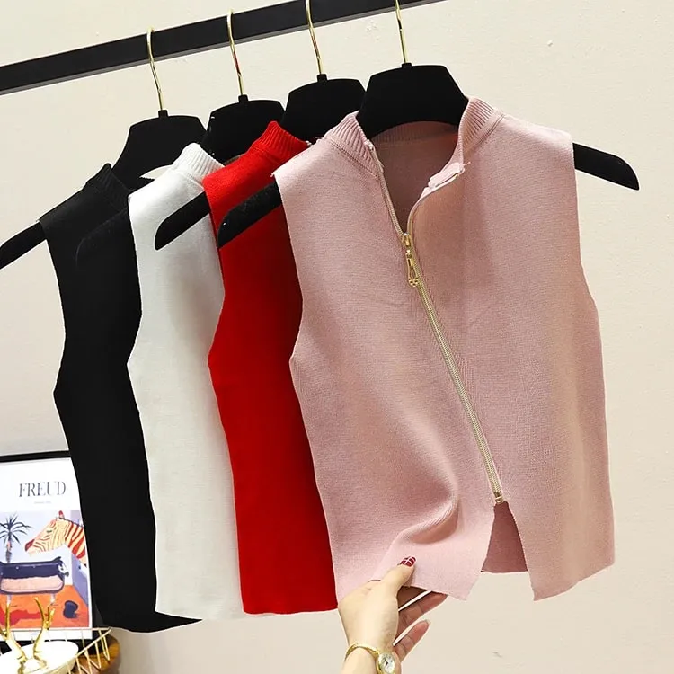 2026 Summer Spring zipper Knit Tank Top Cami Korean Camisole Elastic Vest O Neck Solid Color New Slim Breathable Tops White — image 7