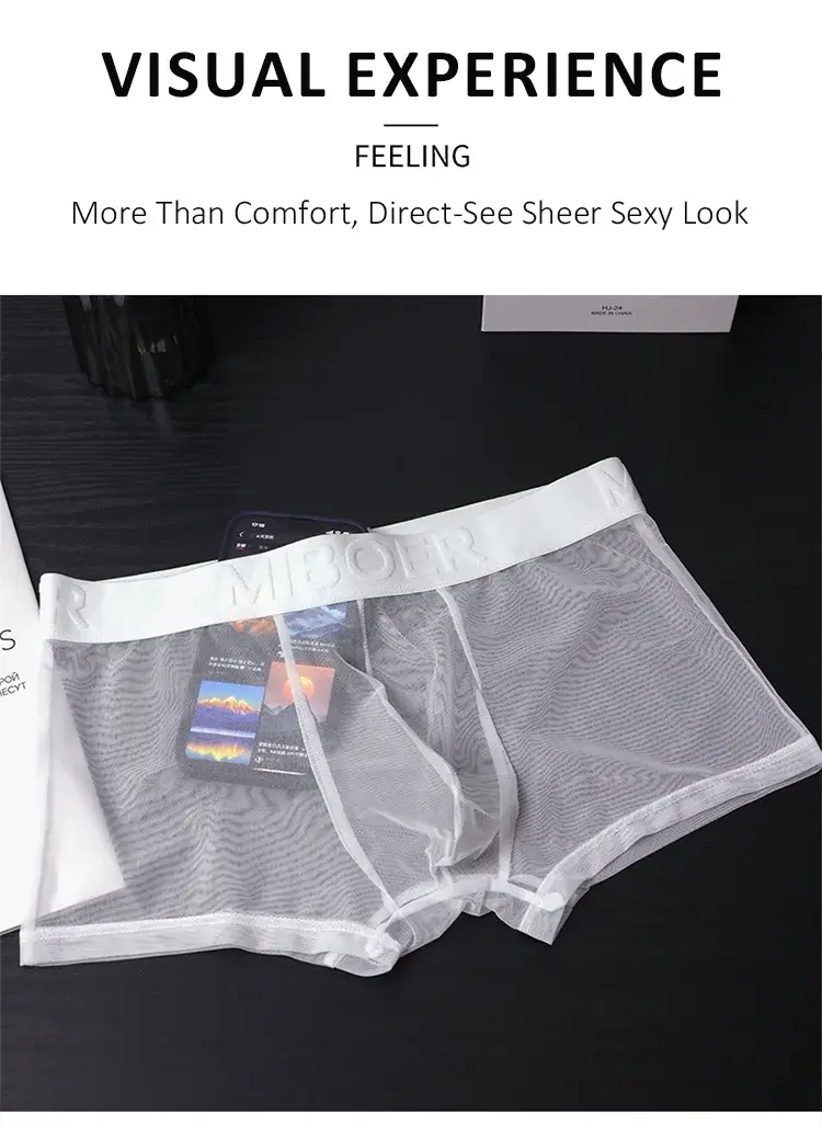 Men's Transparent Full Mesh Boxer Briefs See-Through Underwear Low Rise U-Pouch Breathable Sexy Low-Rise Elastic Waistband