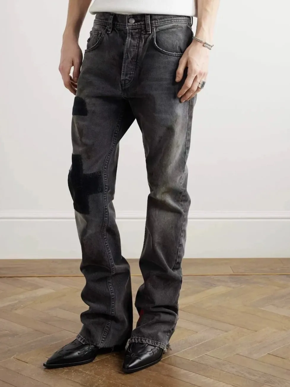 Corduroy Patch Damages Baggy Black jeans for Men Harajuku Straight Embroiery Loose Casual Denim Trousers Oversized Ropa Hombre — image 6
