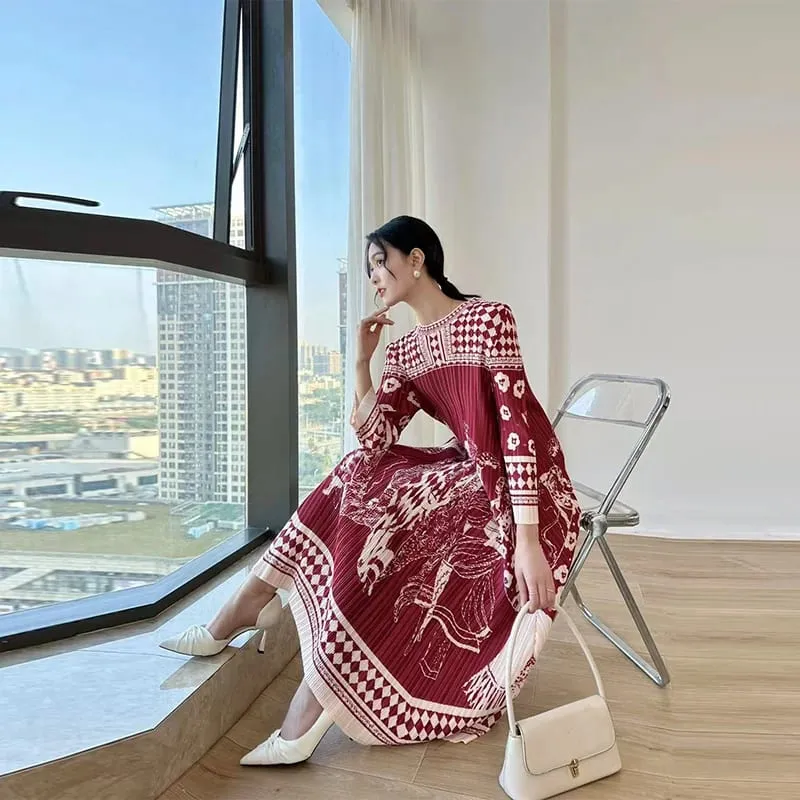 Beautiful Womens Dresses Spring New Printed Loose Folding Dress with Round Neck and Long Sleeve Fashion Temperament Long Dresses — image 6