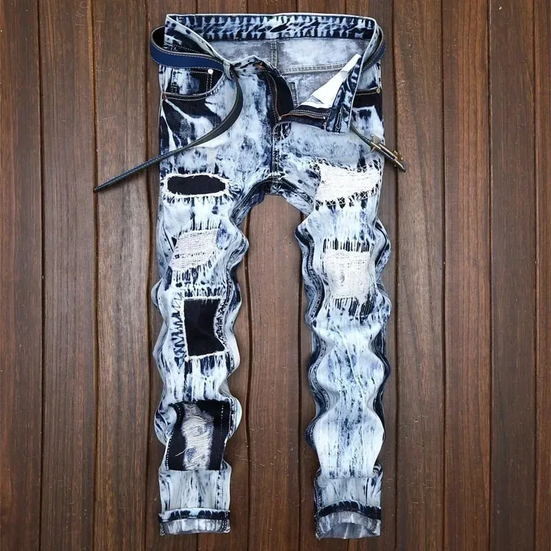 Men's Embroidered Patchwork Ripped Jeans (without Belt) Slim Fashion High Street Motorcycle Denim Pants Male Designer Clothes