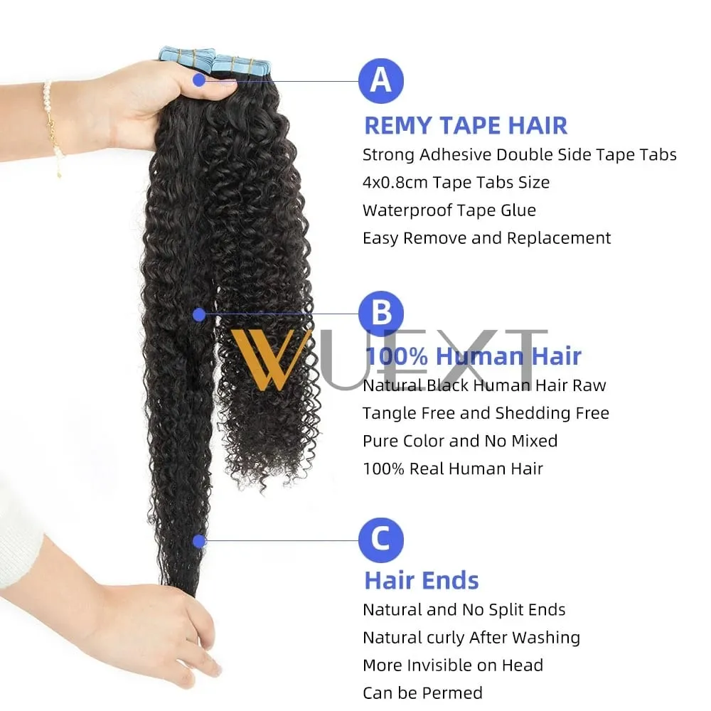 Afro Kinky Curly Tape In Human Hair Extensions for Black Women Tape Ins Hair Extension Real Human Hair Tape on For Salon 20pcs — image 4