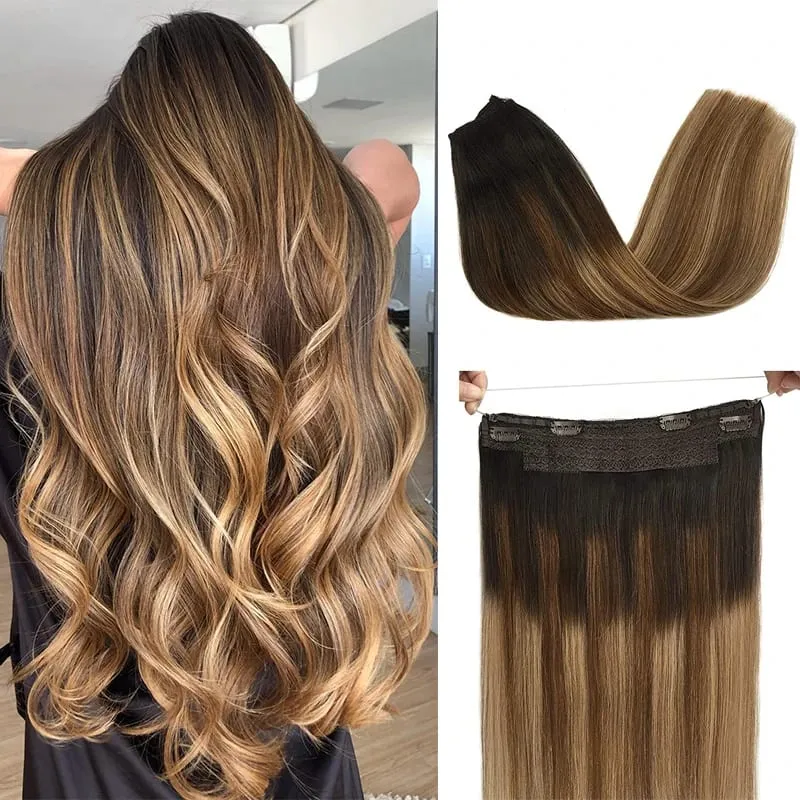 Sunmofavo Wire in Hair Extensions Real Human Hair Balayage Dark Brown to Chestnut Brown Invisible Fish Line Remy Blonde Weft