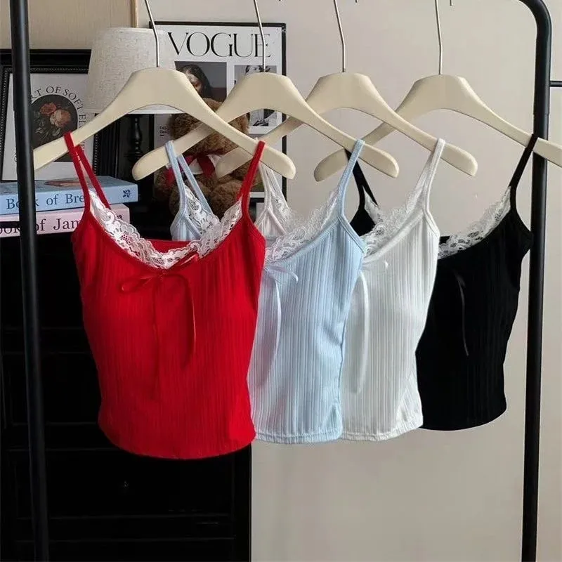 Sexy Patchwork Lace Trim Camis Top Sweet Casual Slim Solid V-Neck Sleeveless Cute Tank Tops Women 2025 Summer Streetwear Lady — image 3