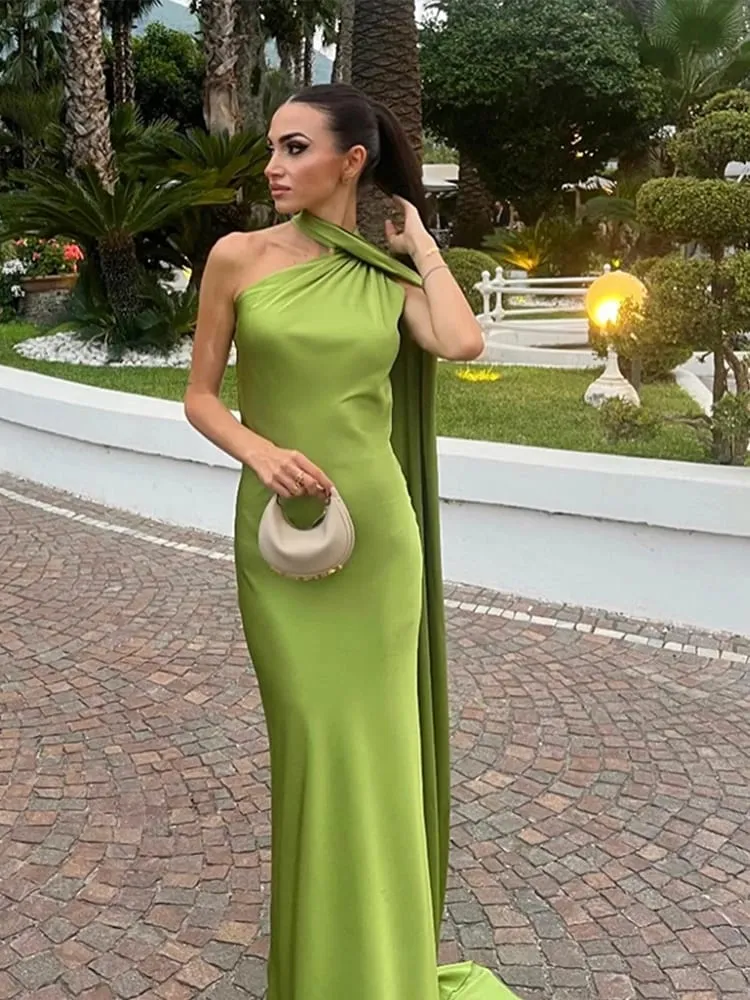 Elegant Ribbon Halter Dress Women Solid Off Shoulder Sleeveless Backless Slim Maxi Dresses 2025 Summer Autumn Party Robes Lady — image 3