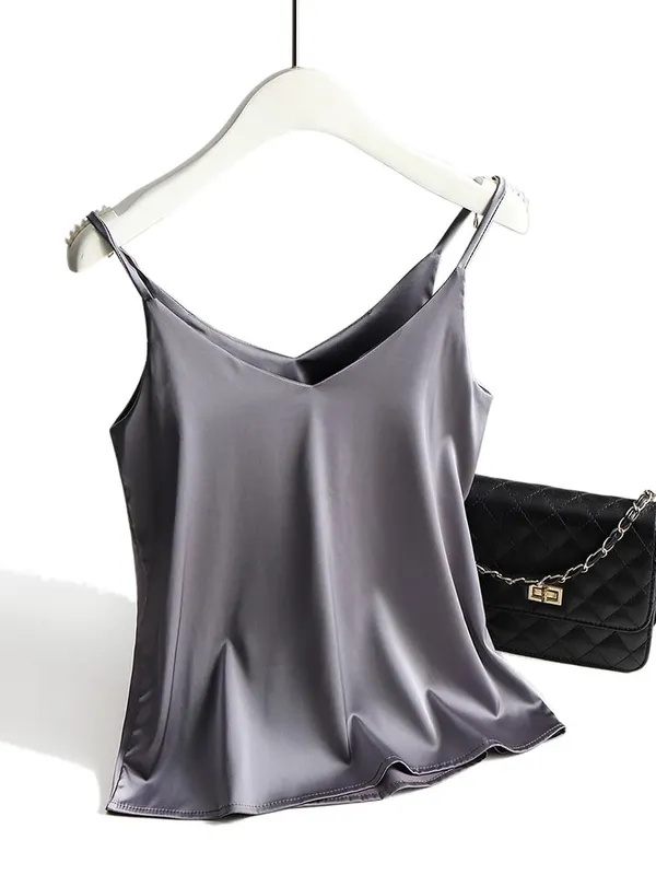 2026 Spaghetti Strap Top Women Halter V Neck Basic White Cami Sleeveless Satin Silk Tank Tops Women'S Summer Camisole — image 12