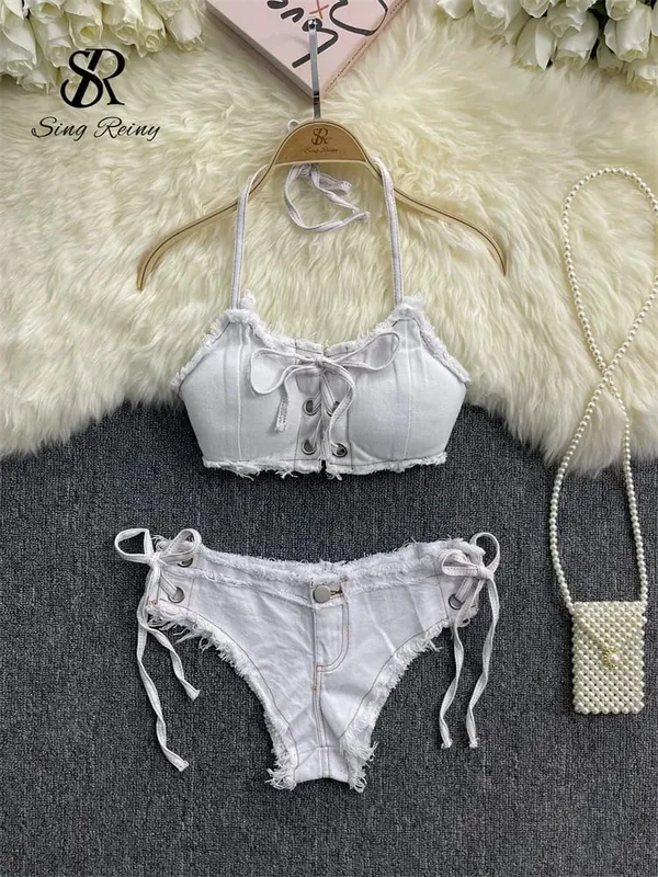 Retro Women Bikini Denim Suits Summer Halter Camis+ Mini Pant Lingerie Fashion Vacation Swimsuits Sexy Bra&Briefs Sets — image 6