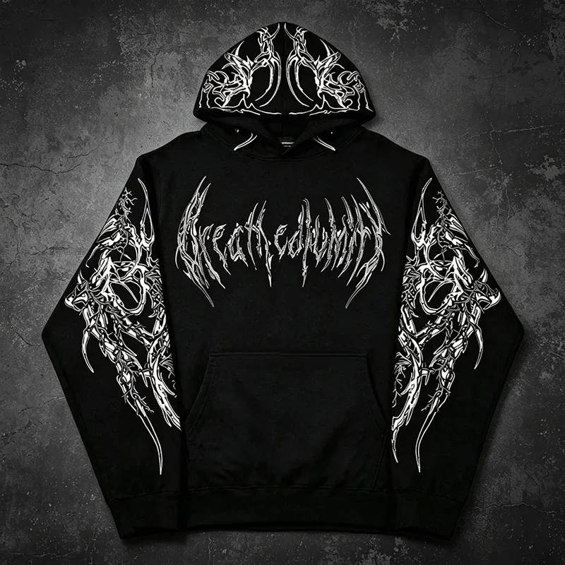 Men Alt Gothic Pullover Hoodie Y2k High Street American Style Dark Thorn Print Fleece Lined Loose Biker Fall Winter Sweatshirt — image 24
