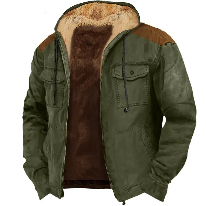 Men's Winter Fleece Hoodies Solid Patchwork Fashion Hooded Windbreaker Jacket Male Loose Work Wear Clothes Sweatshirt Outwear — image 12