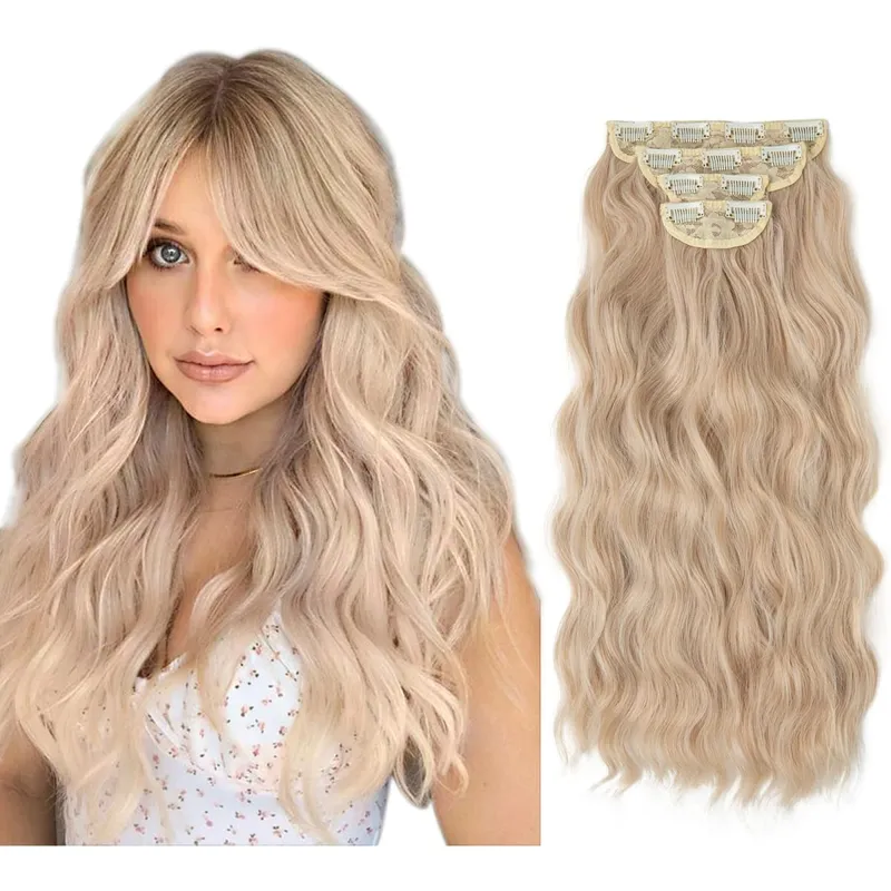 22" 4pcs/set Synthetic Clip In Hair Extensions Elegant Long Wavy Thick Hairpiece Daily Use Brown Blonde Natural Fake Hair — image 16