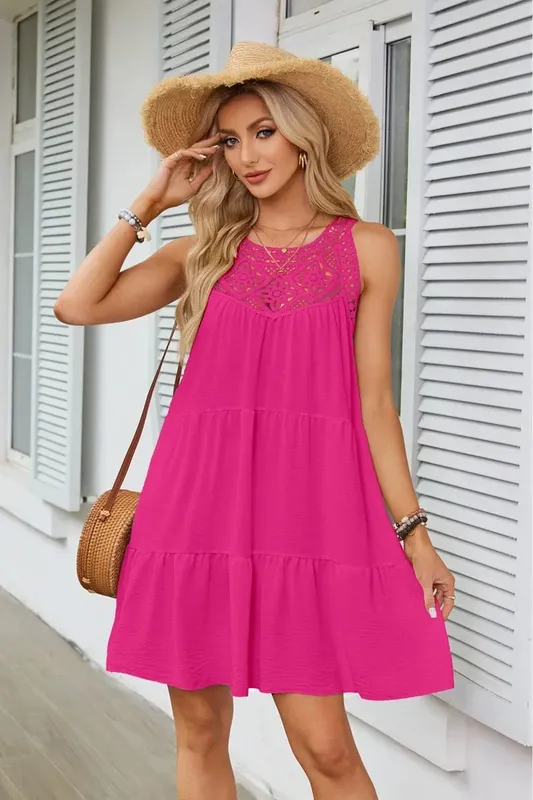 Women Summer Beach Mini Dresses Halter Sleeveless Sexy Loose A-Line Hollow Out Lace White Bohemia Dress Pleated Solid Sundress — image 5