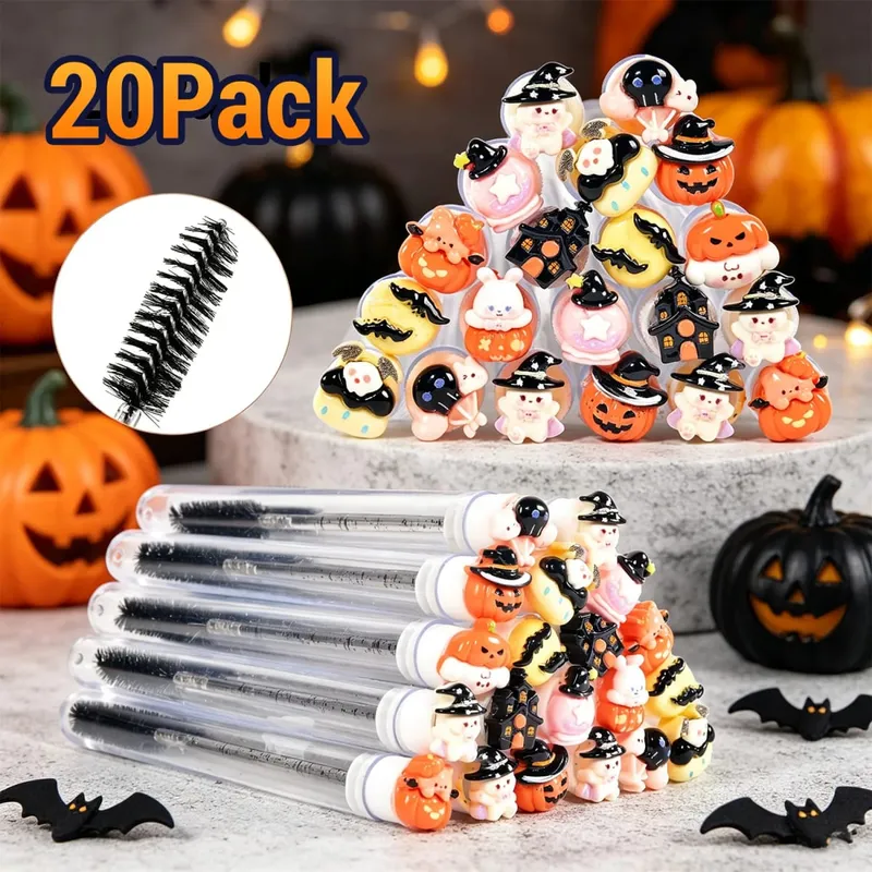 20Pcs Spooky Halloween Eyelash Brush Tube Reusable Mascara Wand Spoolie Lash Extension Tools Eyebrow Makeup Brushes Festive Gift