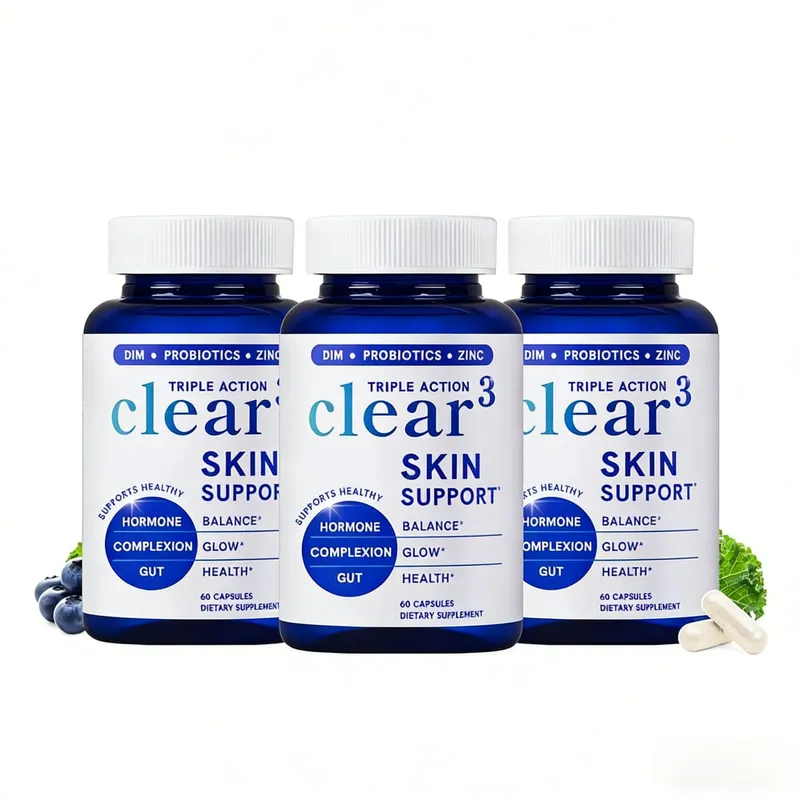 Clear³ Skin Support Supplement with DIM Probiotics & Zinc – Healthy Skin & Gut Nutritional Support 60 Capsules