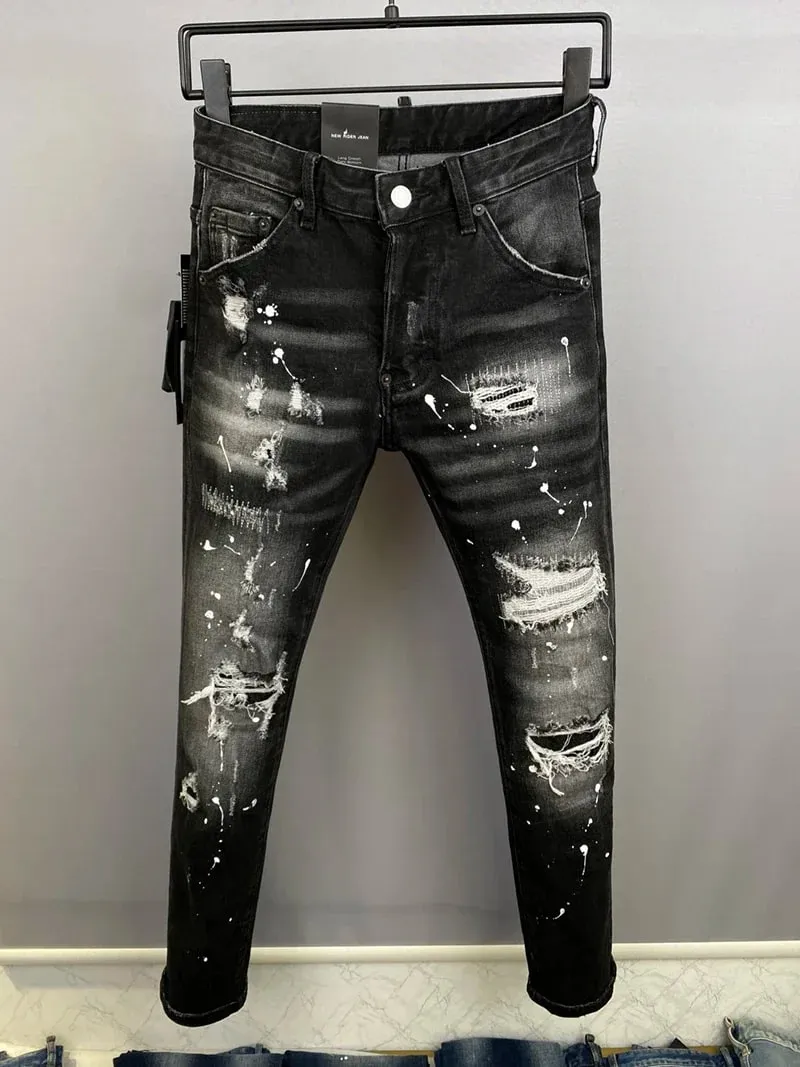 D2 Jeans da uomo Pantaloni in denim Pantaloni a matita slim con foro Bottoni in metallo Classici per feste Nero alla moda DSQ2 JENAS — image 2