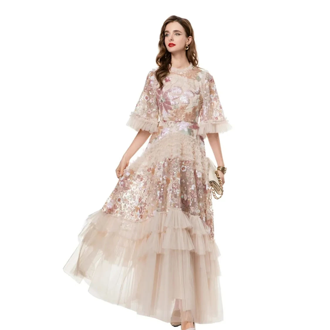 Women's Dress O Neck Short Sleeves Sequined Floral Patchwork Ruffles Elegant Designer Party Prom Gown Maxi Vestidos S- 4XL