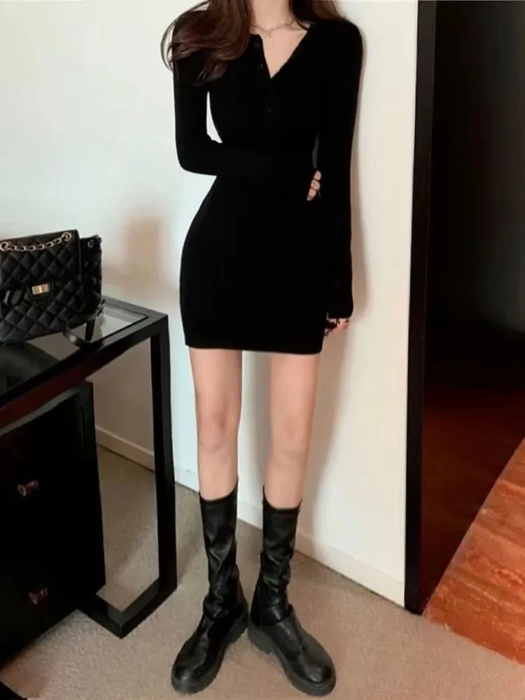가을 겨울 미니 드레스 여성 브이 넥 버튼 섹시한 스웨터 우아한 Bodycon 드레스 긴 소매 가운 짧은 치마 허리 솔리드 — image 7