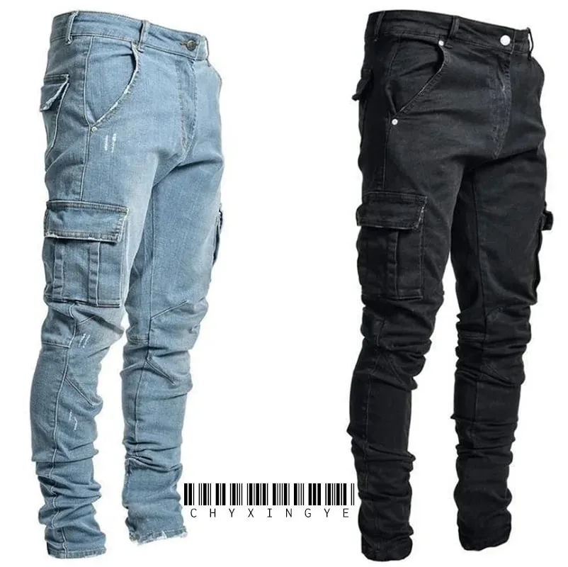 2026Jeans Men Pants Wash Solid Color Multi Pockets Denim Mid Waist Cargo Jeans Plus Size Fahsion Casual Trousers Male Daily Wear — image 1