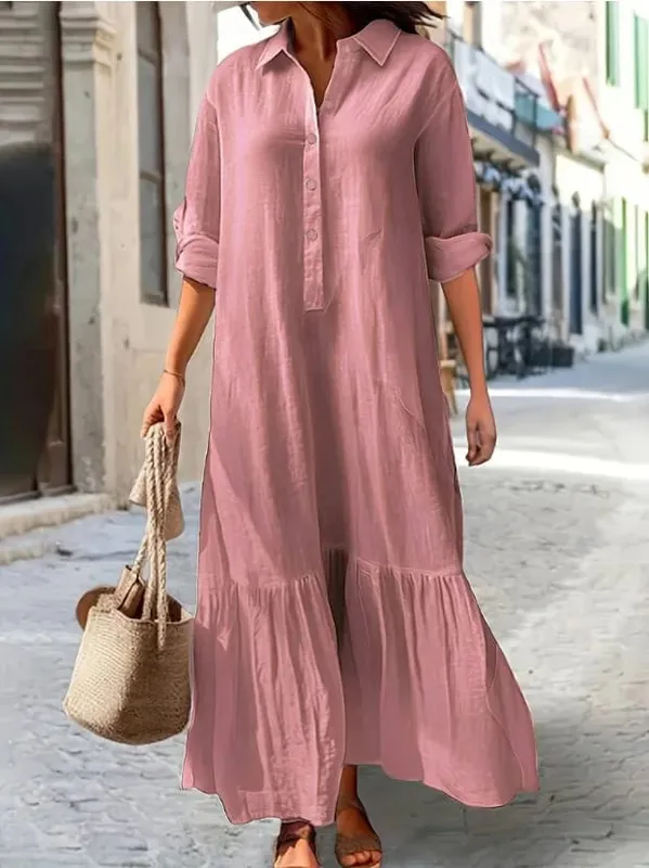 Cotton Linen Long Dress Women Long Sleeve Button Solid Color Casual Ruffles Loose Dresses Spring Autumn Comfortable Shirt Dress — image 11