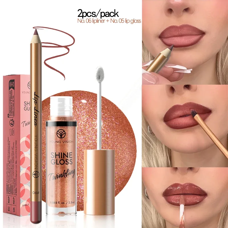 2pc Set Matte Lip Liner And Starry Glitter Lip Gloss Pearlescent Fine Shimmer Long-Lasting Hydration Non-Sticky Makeup