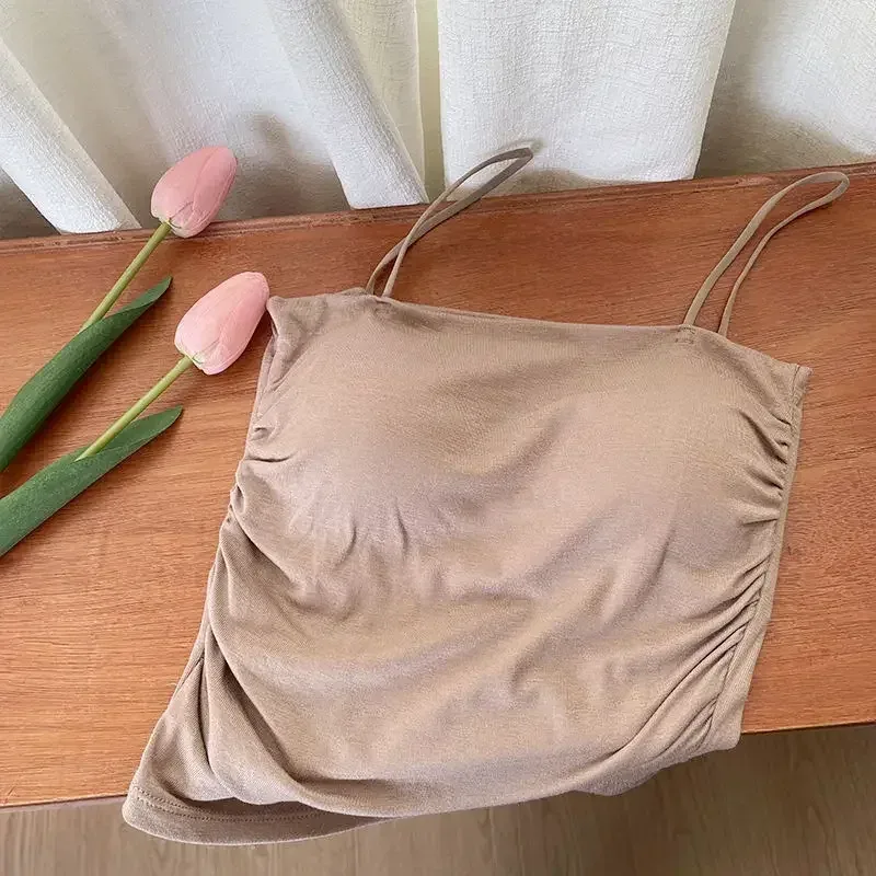 Solid All-Match Pleat Sling Vest Strap Chest Pad Inner Wear Slim Fit Slimming Short Gyaru Outer Wear Top — image 8