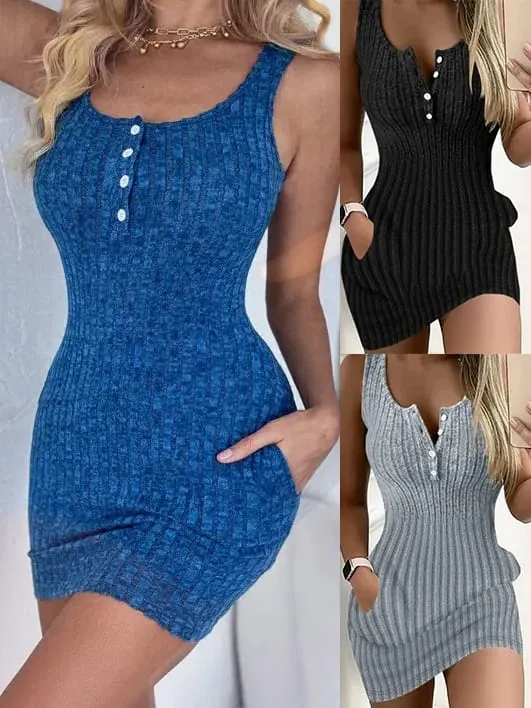 Button Front With Pocket Tank Dress Elegant Sleeveless Bodycon Dress For Spring Summer Women's Clothing — image 2