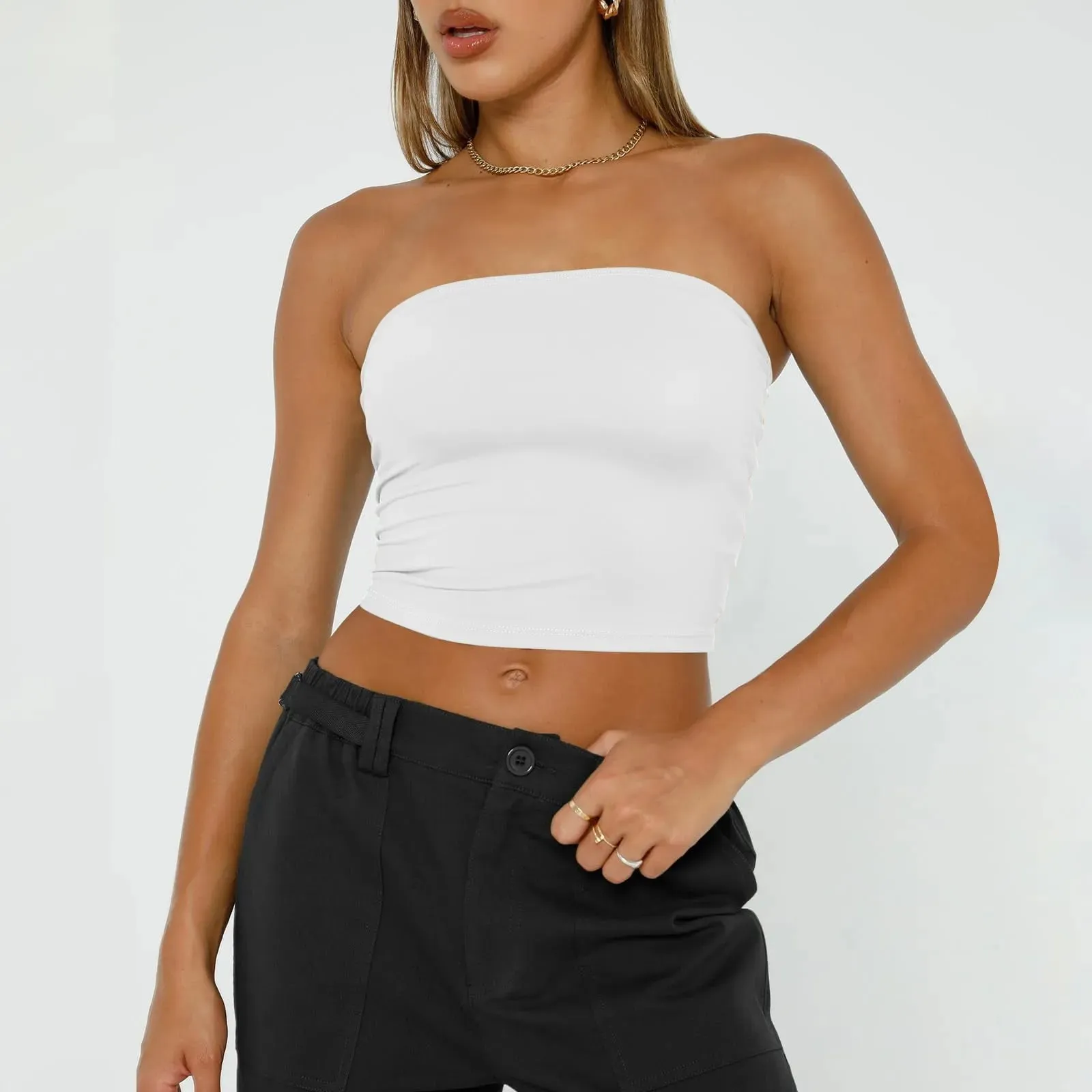 Womens Strapless Crop Tops Basic Backless Sleeveless Bandeau Cute Sexy Tops Trend Street Fashion Classic Solid Tube Tops