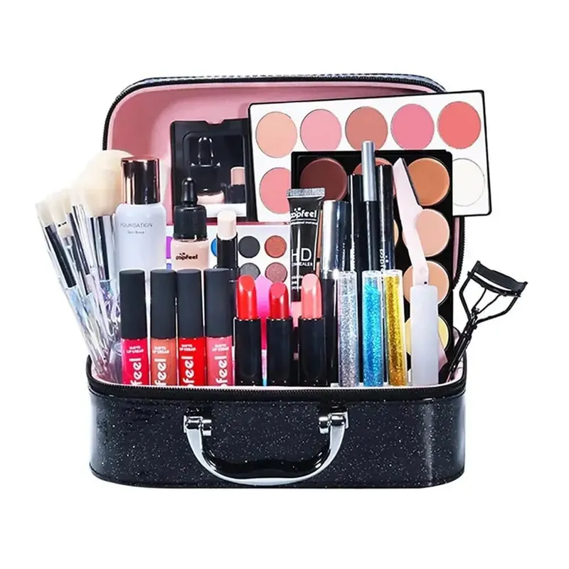 Beginner Cosmetic Set Makeup Cosmetic Set Practical Lip Gloss Brush Great Gift Powder Puff with Storage Box for Performance