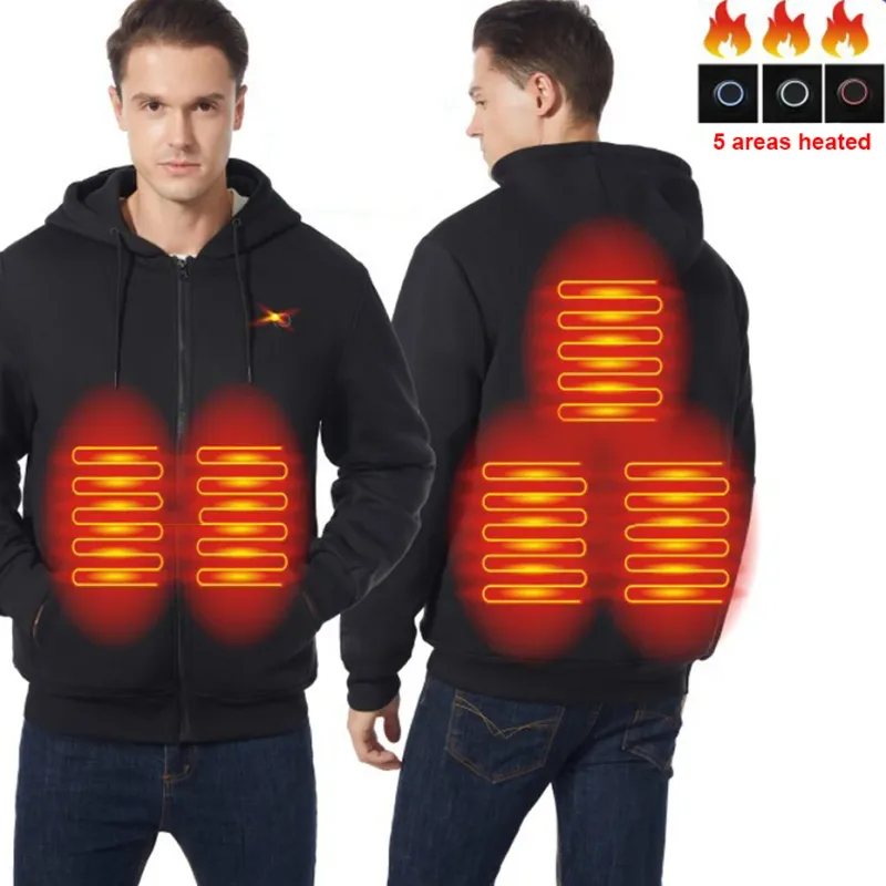 USB chauffage sweat à capuche pour homme hiver électrique vestes à capuche chauffantes veste à capuche avec fermeture éclair infrarouge 5 zones de chauffage veste noir gris