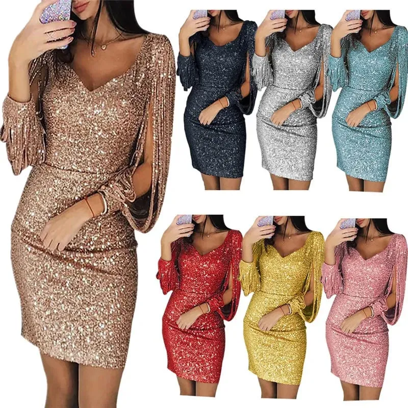 Mga Panggabing Dress para sa Babae Elegant Long Sleeve Sequin Mini Dresses Sexy Ruched Bodycon Sparkly Glitter Cocktail Party Dresses