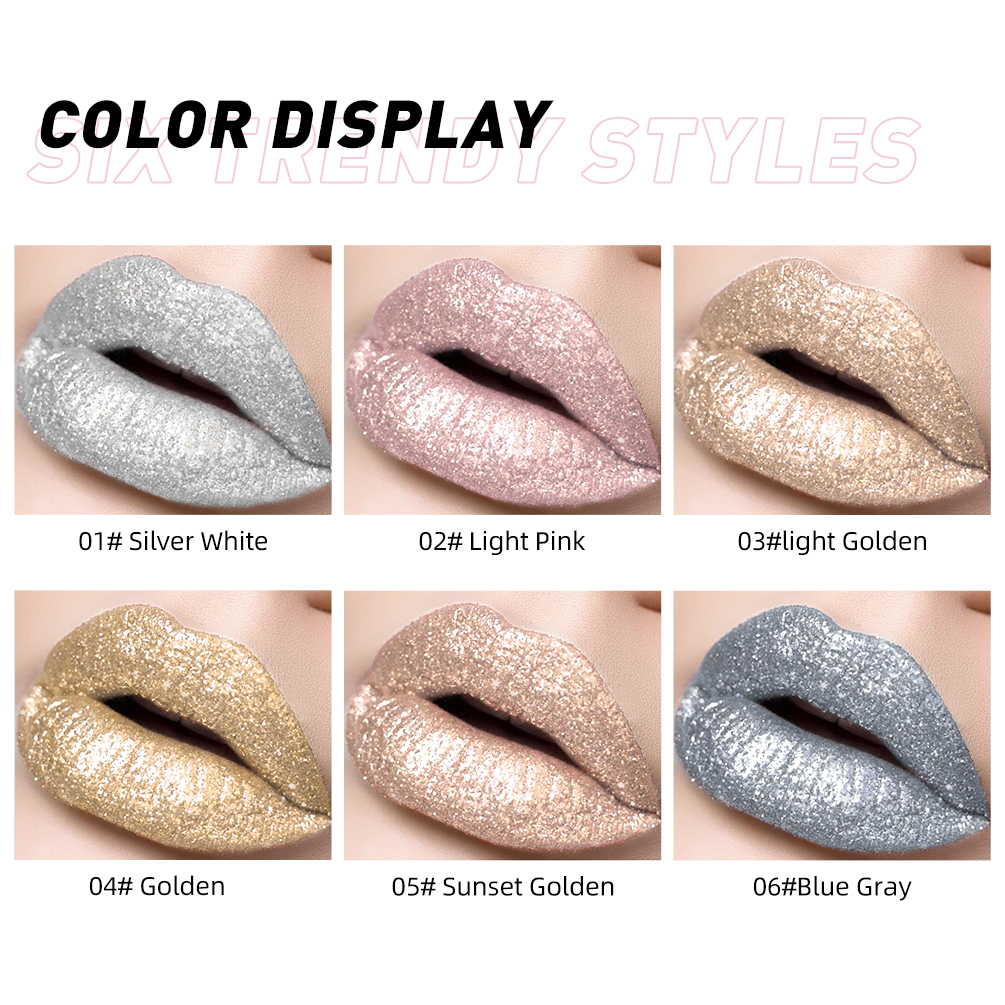 Glitter Diamond Liquid Lipstick Waterproof Long Lasting Pearl Shiny Lip Gloss Metal Charming Women Lip Makeup 6 Colors