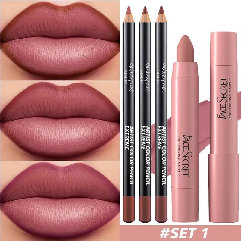 4Pcs/Set Ultra-Fine Wood Lipliner + Lipstick Matte Velvet Lipstick - Long Lasting Waterproof Lip Combo Lip Makeup Set