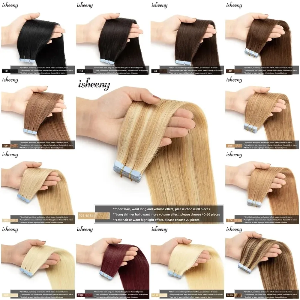 Isheeny Tape in Human Hair Extensions Straight 12"-20" Natural Machine Remy Tape Hair Extension 20pcs Black Brown Blonde Hair — image 4