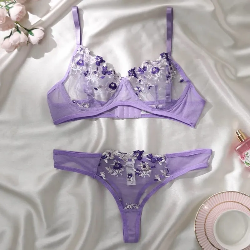 Seksi Dantel İç Sütyen ve Külot Setleri Kadın İç Giyim Çiçek Nakış Bralette Seti — image 12
