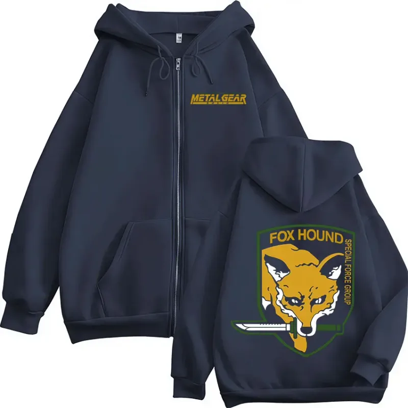 Metal Gear Solid Game FOX HOUND nadruk logo bluzy z kapturem na zamek mężczyźni kobiety odzież modne swetry zapinane na zamek bluzy z kapturem kurtki